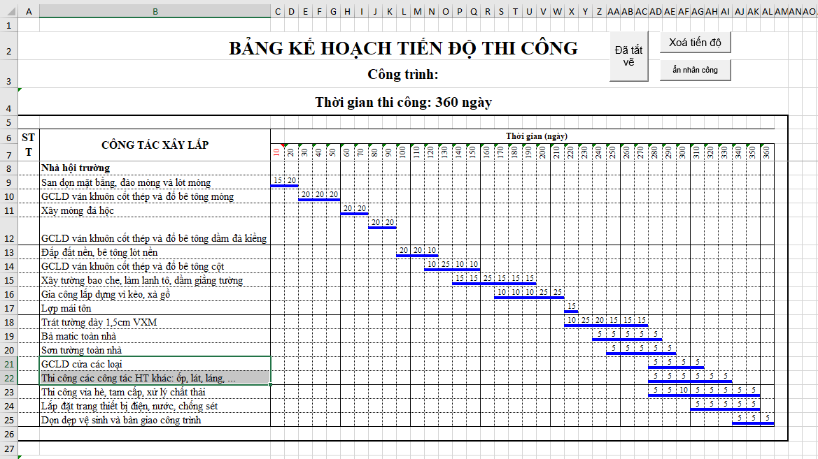 Download mẫu bảng tiến độ thi công xây dựng Excel miễn phí 100%